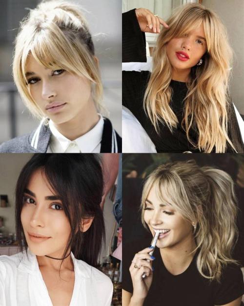 Блондинка с челкой шторкой. Челка шторка на короткие, средние и длинные волосы 2023: фото удлиненной шторки, на две стороны, для круглого лица