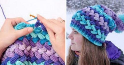 Шапка крупной вязки крючком. Объемная шапка крючком